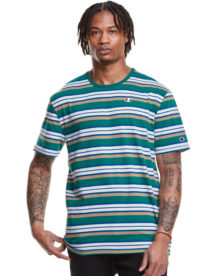 Camiseta Champion Hombre - Yarn-Dye Stripe C Logo ( Verde/Blancas ) 7849160-FK